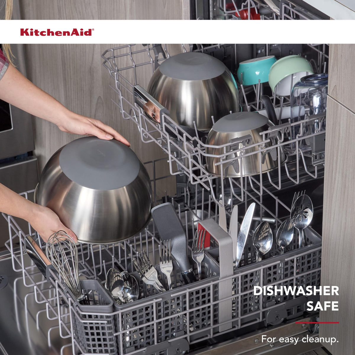 KitchenAid mixing bowls nest for compact cabinet storage.
