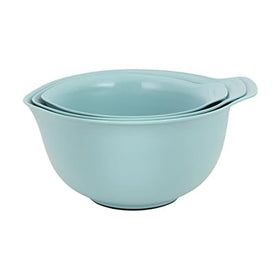 KitchenAid Aqua Sky 2.5 qt nesting bowl with pour spout for easy transfer.