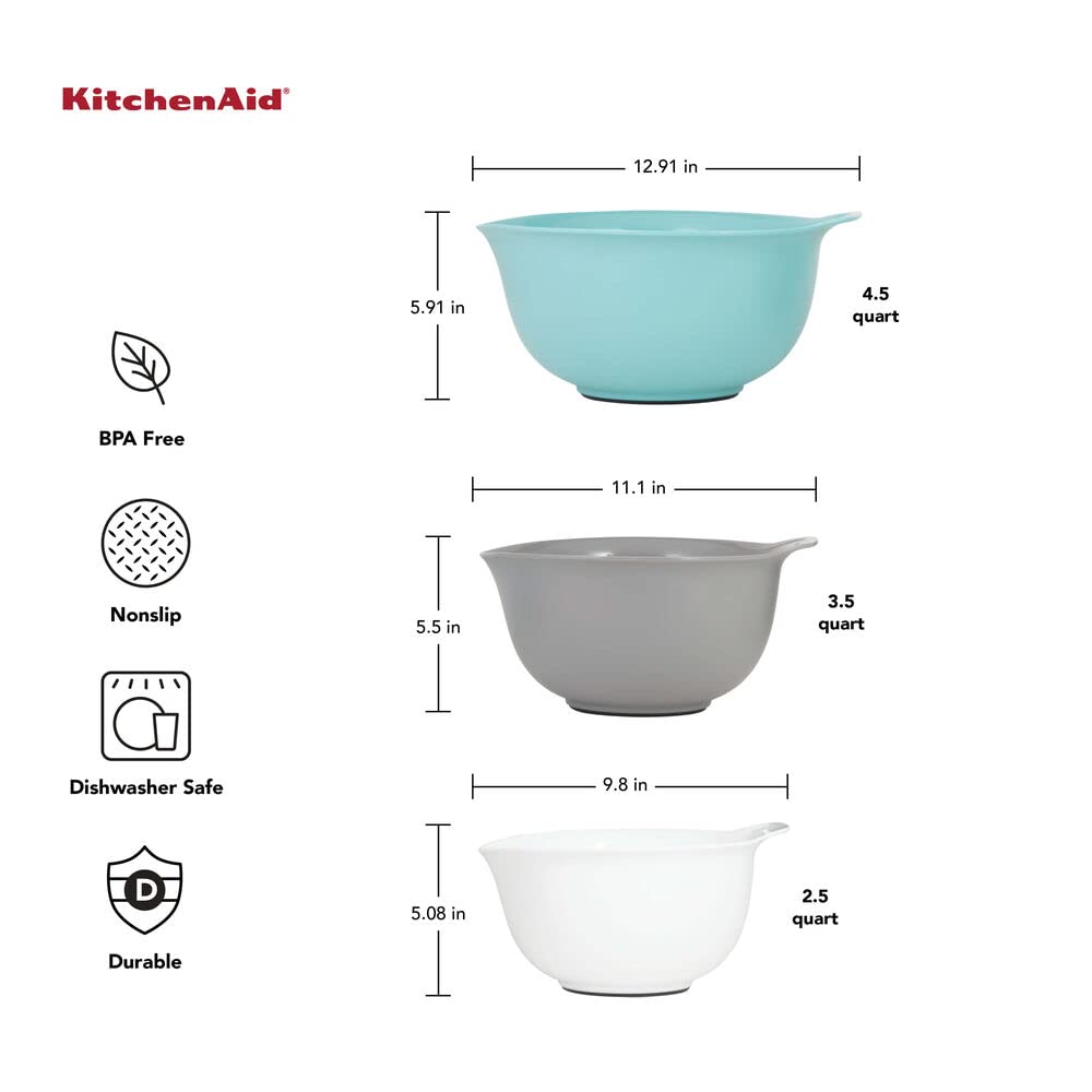 KitchenAid 4.5 quart gray bowl featuring easy-pour spout to reduce spills