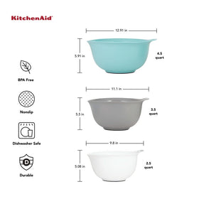 KitchenAid 4.5 quart gray bowl featuring easy-pour spout to reduce spills