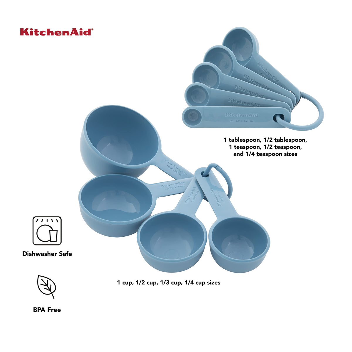KitchenAid nesting cups and spoons saving storage space in a compact stack.
