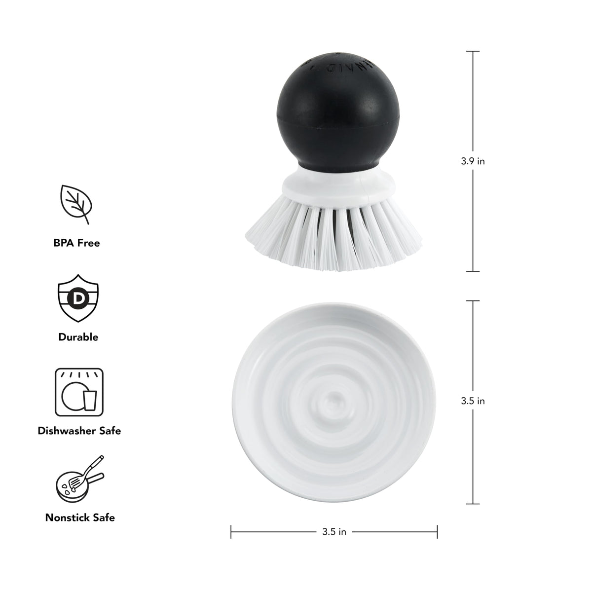KitchenAid palm brush with nylon bristles for tough scrubbing without scratching.