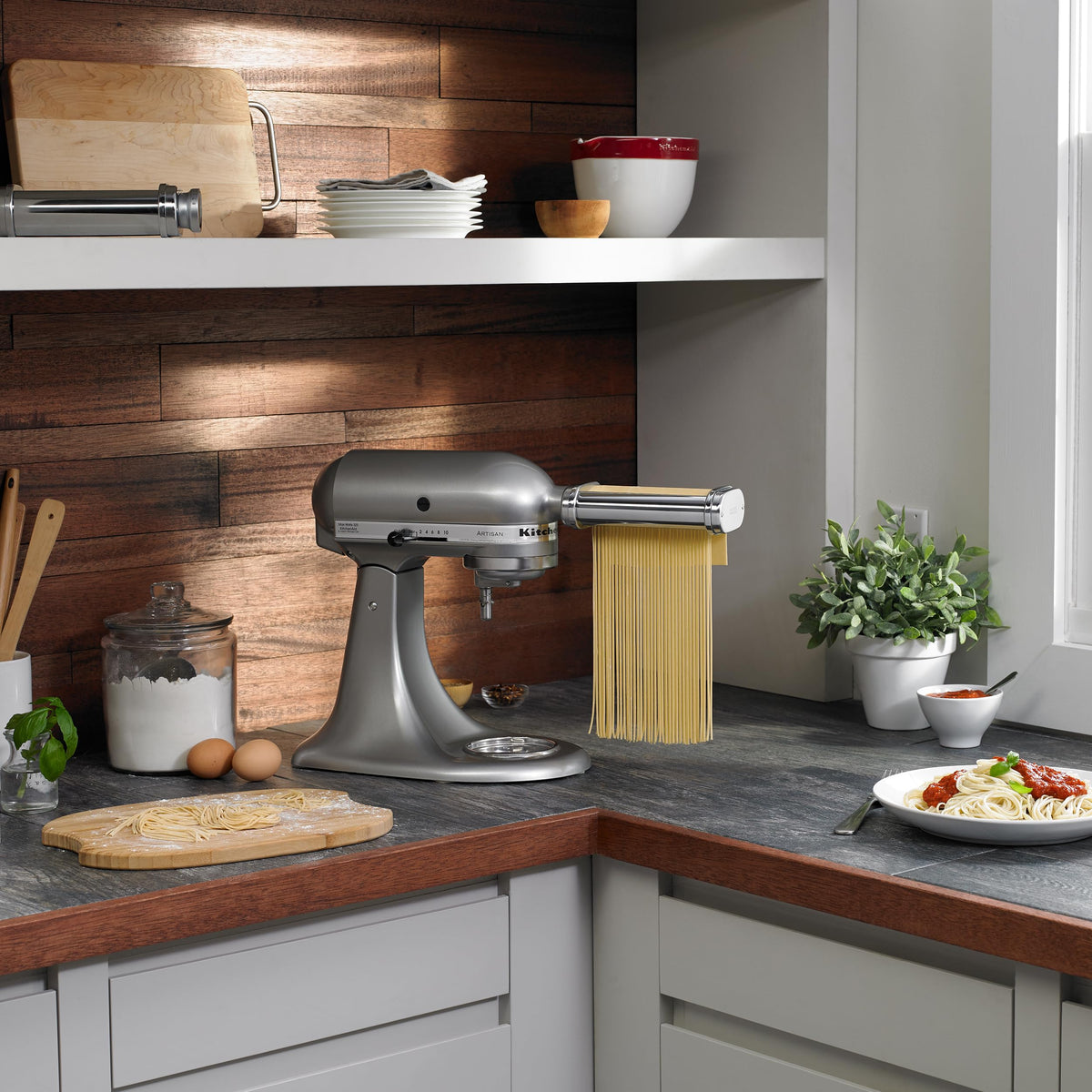 KitchenAid Pasta Deluxe Set fettuccine cutter yields hearty fettuccine noodles
