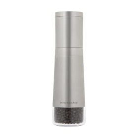KitchenAid 8-inch pepper grinder in full view with a sleek stainless steel body.