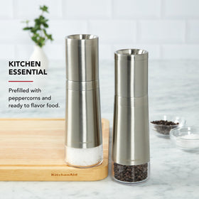 Clear base of KitchenAid pepper grinder shows remaining peppercorns at a glance.