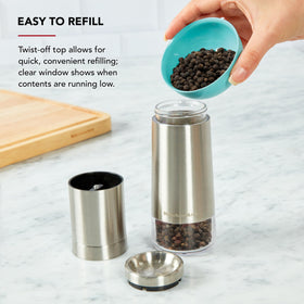 Twist-off top design enables mess-free refills on KitchenAid pepper grinder.