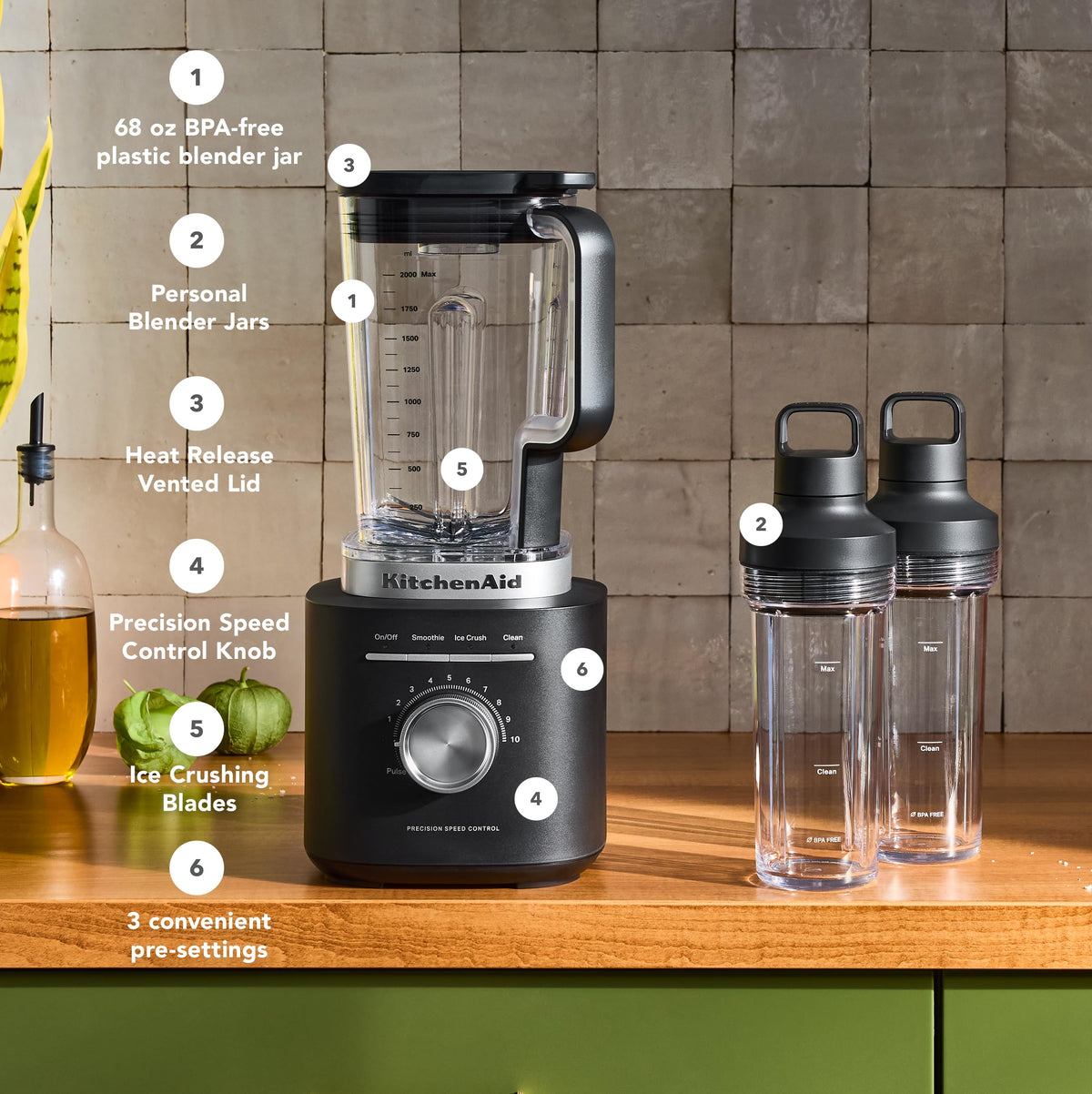 KitchenAid Pure Power Blender smoothie cycle for quick blended drinks.
