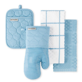 KitchenAid quilted oven mitt in blue velvet with silicone grip for hot pots.
