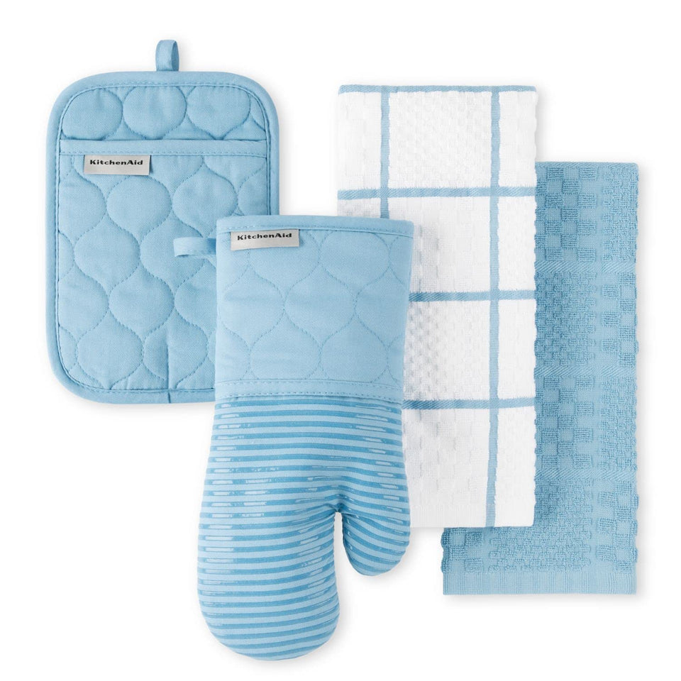 KitchenAid quilted oven mitt in blue velvet with silicone grip for hot pots.