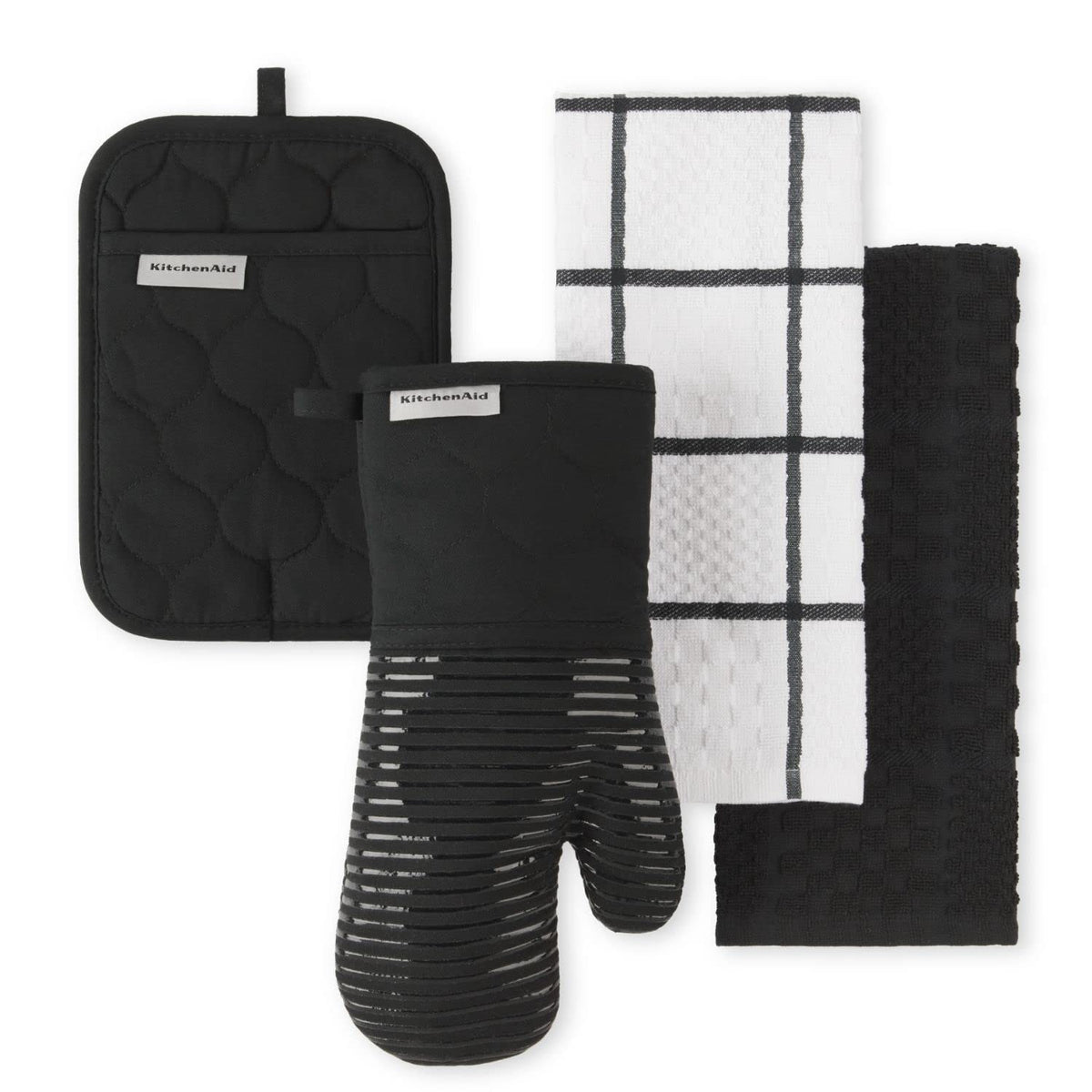 KitchenAid quilted oven mitt close-up shows heat resistance and secure grip.