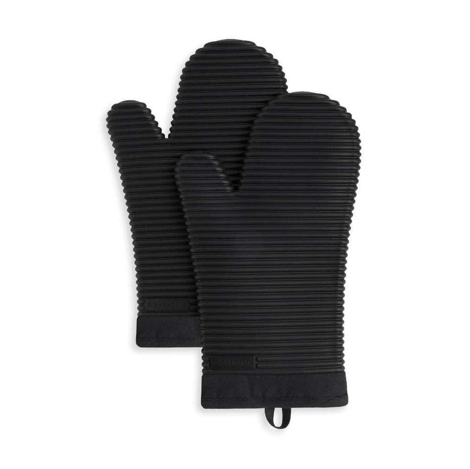 KitchenAid ribbed soft silicone oven mitts in matte black for a secure grip on hot cookware