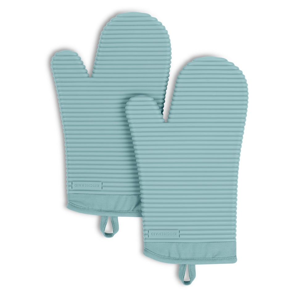KitchenAid Ribbed Soft Silicone Oven Mitts two-pack with side view for hot pan grip