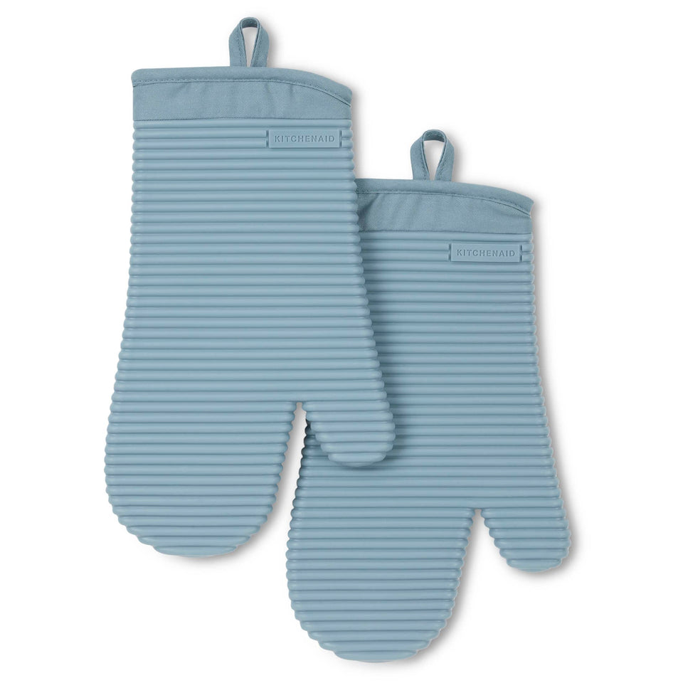 KitchenAid ribbed silicone oven mitts, front view, secure grip for hot pans