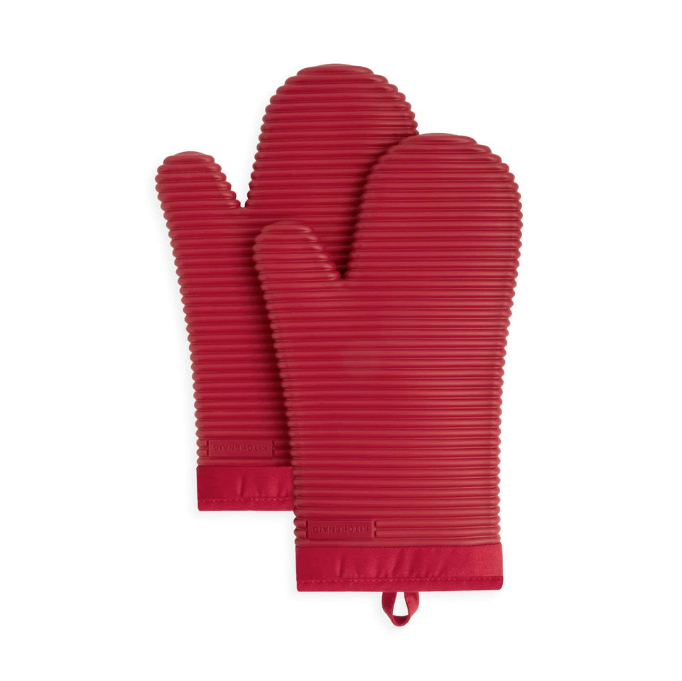 KitchenAid ribbed silicone oven mitts in Passion Red offer a secure grip for hot pans.