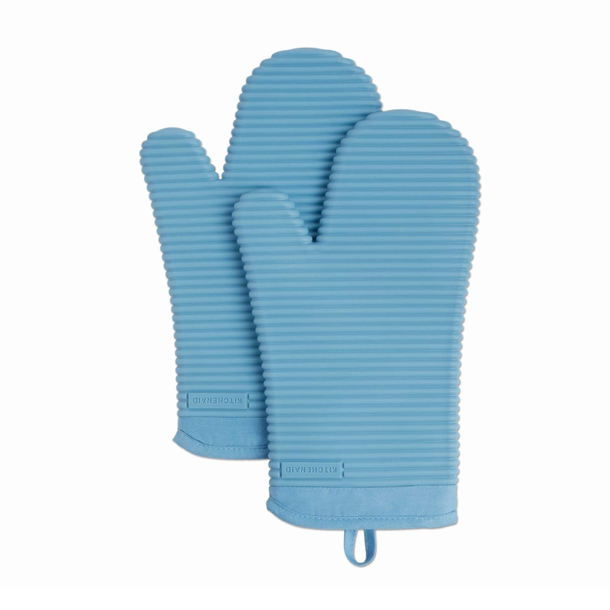 KitchenAid ribbed soft silicone oven mitts in blue velvet, front view, for secure grip and coverage.