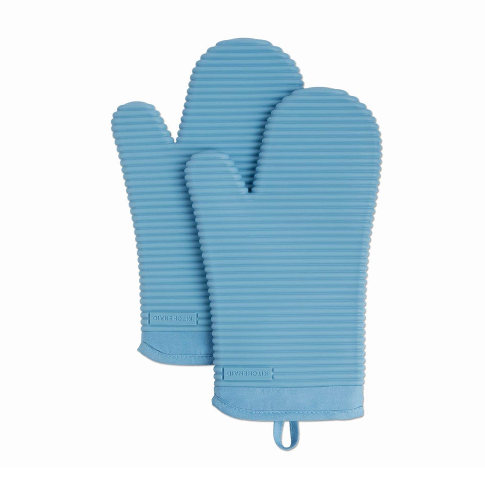 KitchenAid ribbed soft silicone oven mitts in blue velvet, front view, for secure grip and coverage.