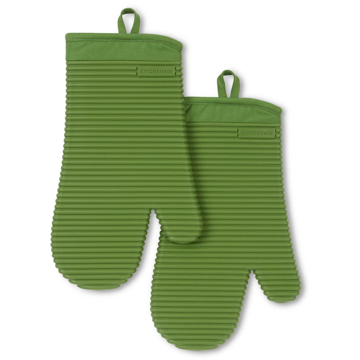 KitchenAid ribbed silicone oven mitts in Matcha color provide a secure grip on hot pans.