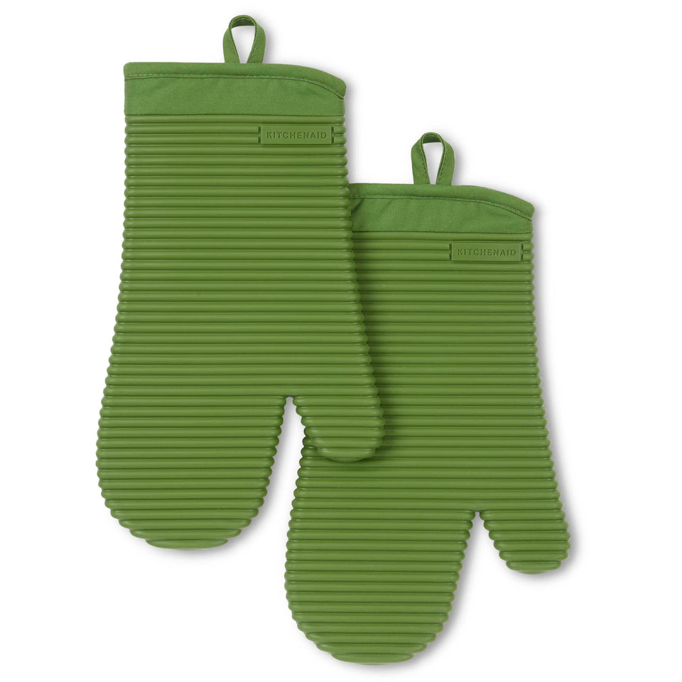 KitchenAid ribbed silicone oven mitts in Matcha color provide a secure grip on hot pans.