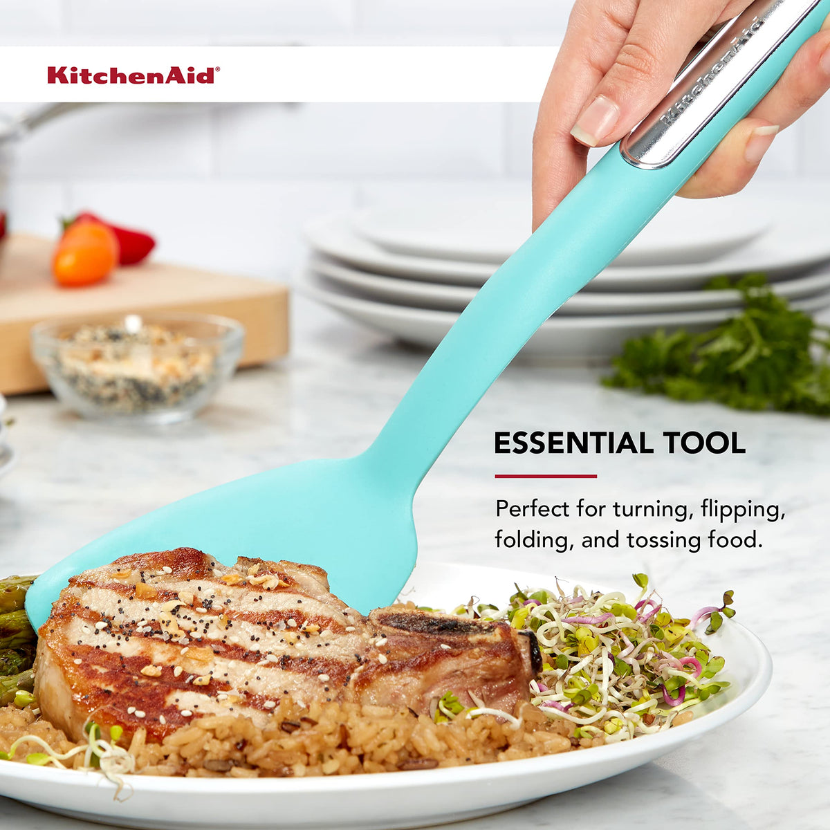 KitchenAid Aqua Sky short turner safely handles nonstick pans.