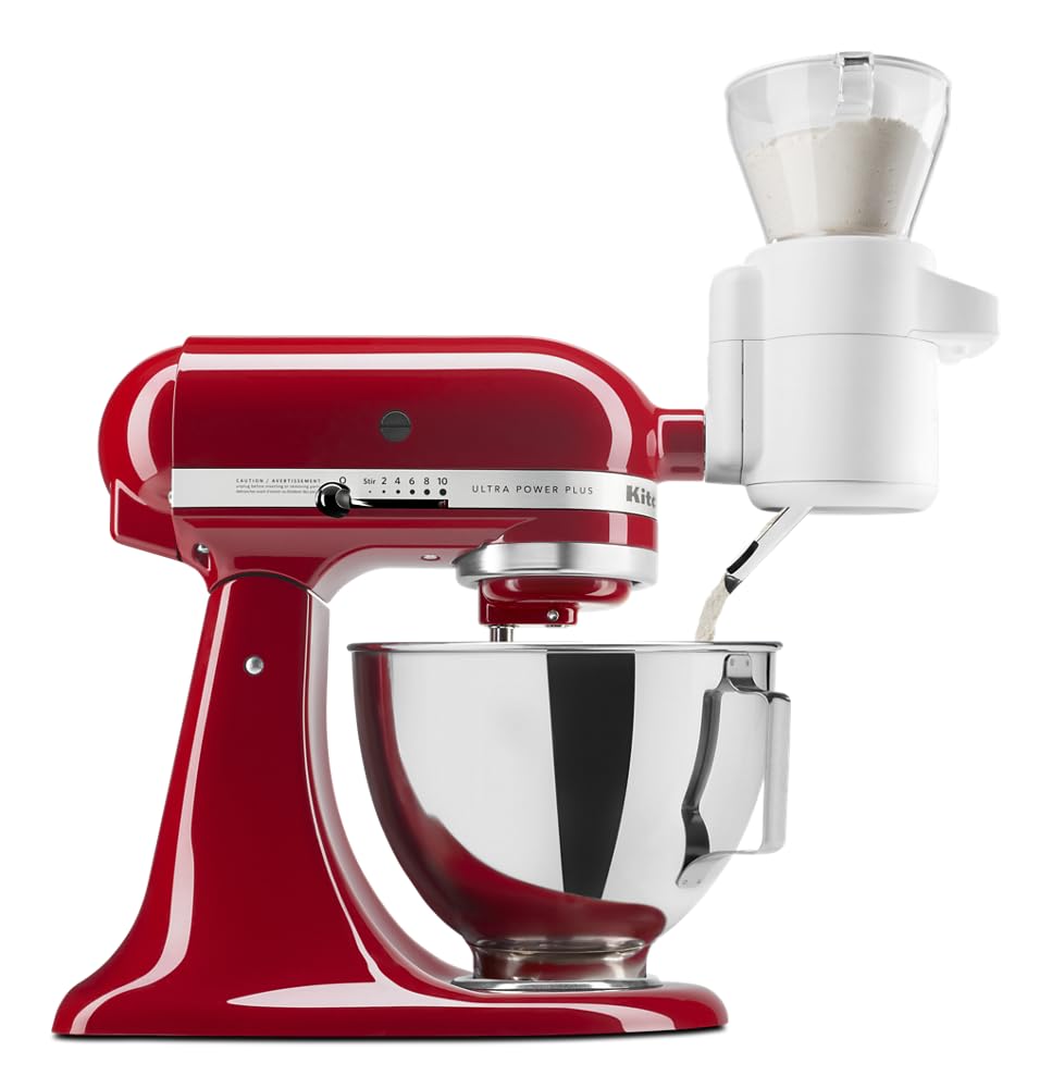 KitchenAid Sifter Scale Attachment hopper shows 4-cup capacity for larger batches.