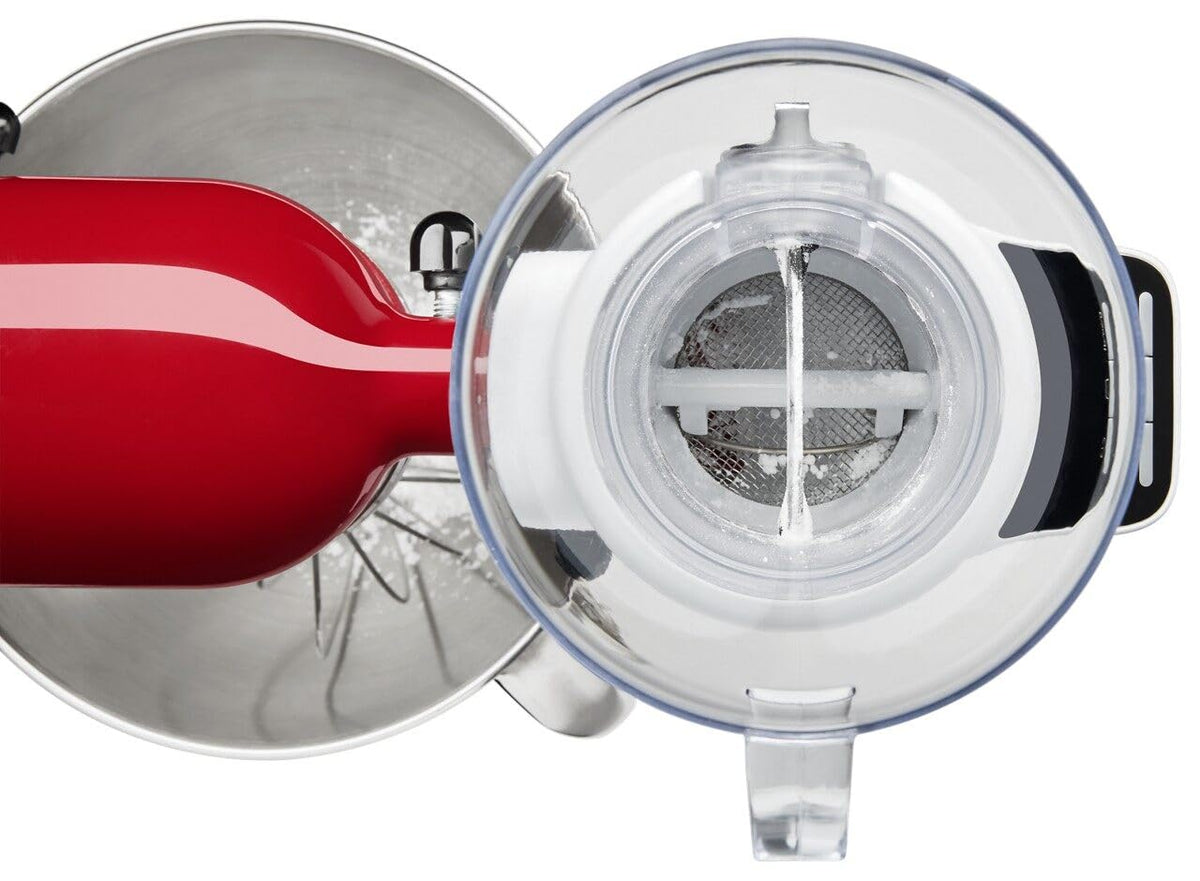 KitchenAid Sifter Scale Attachment swivel chute guides ingredients smoothly into the bowl.