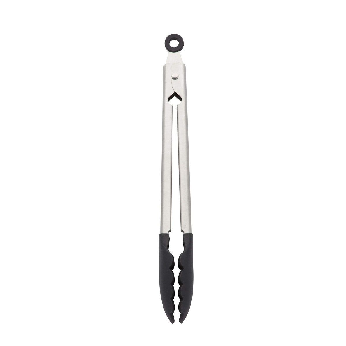 KitchenAid silicone tipped tongs 12 inch black viewed closed for tidy storage