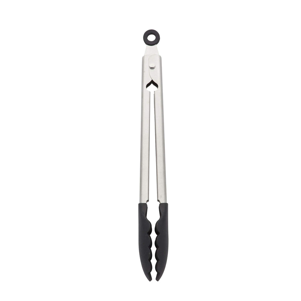 KitchenAid silicone tipped tongs 12 inch black viewed closed for tidy storage