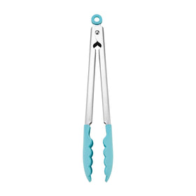 KitchenAid 12-inch Aqua Sky tongs angled view for precise flipping