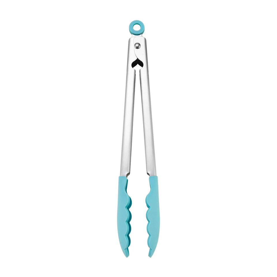 KitchenAid 12-inch Aqua Sky tongs angled view for precise flipping