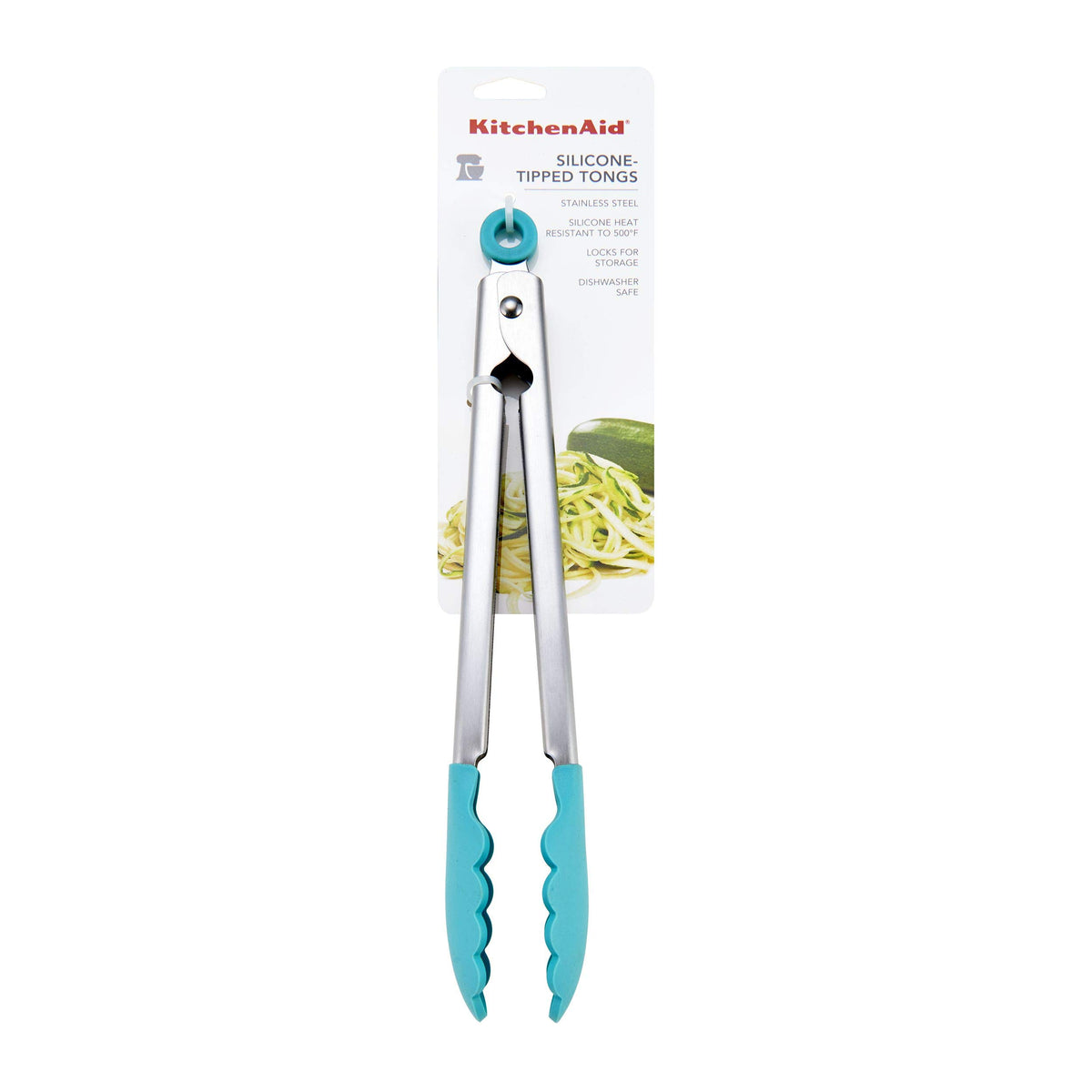 Heat resistant silicone tips on KitchenAid Aqua Sky tongs up to 500°F