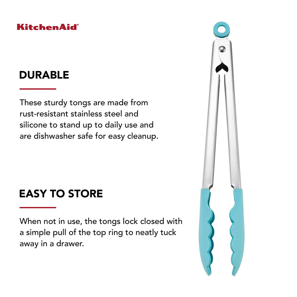 Close-up of silicone tips on KitchenAid Aqua Sky tongs for nonstick cookware