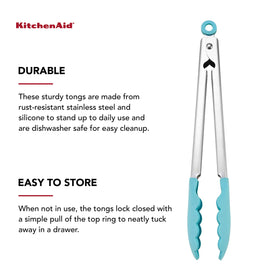 Close-up of silicone tips on KitchenAid Aqua Sky tongs for nonstick cookware