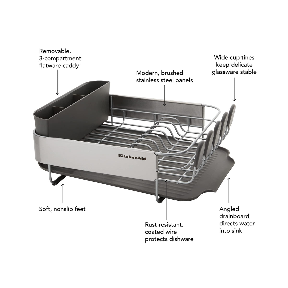 KitchenAid compact dish rack in a small kitchen demonstrates efficient counter use