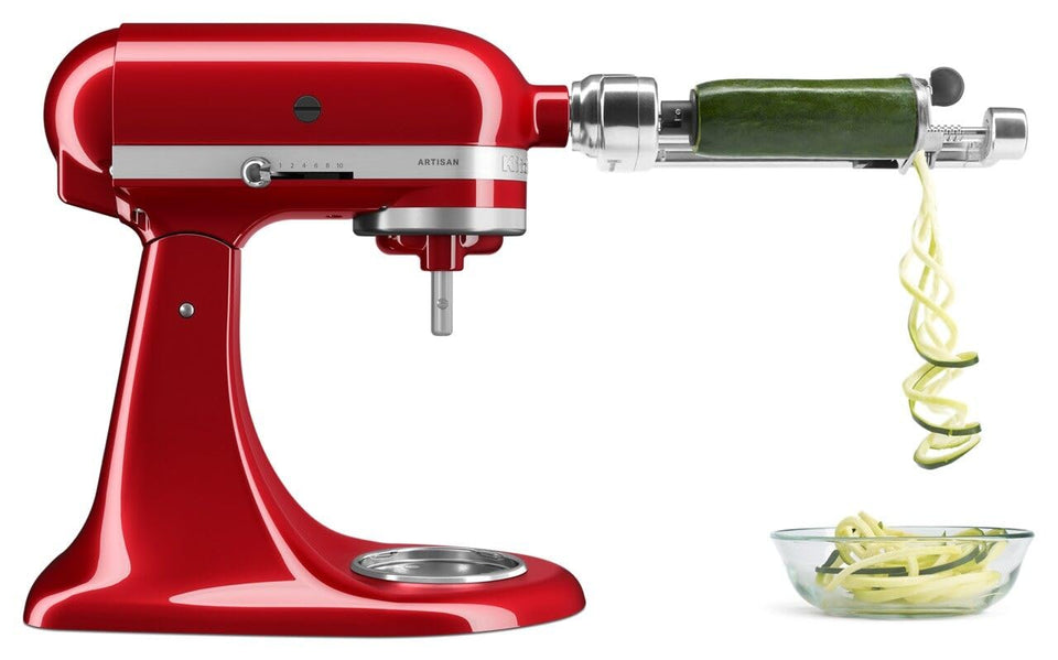 KitchenAid spiralizer attachment blades shown with storage case for versatile veggie prep.