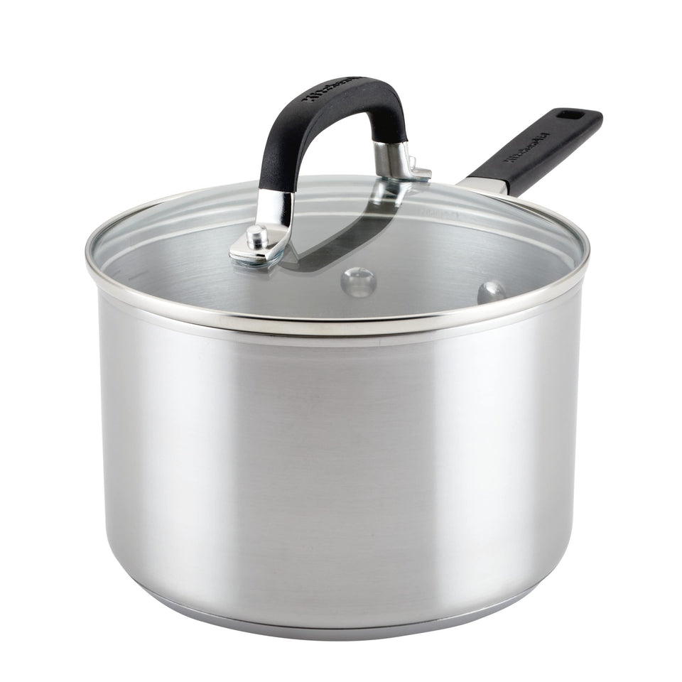 KitchenAid stainless steel induction saucepan base showing fast, even heat distribution