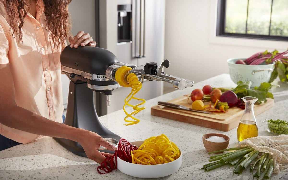 KitchenAid stand mixer hub connection ready for hands-free spiralizing.