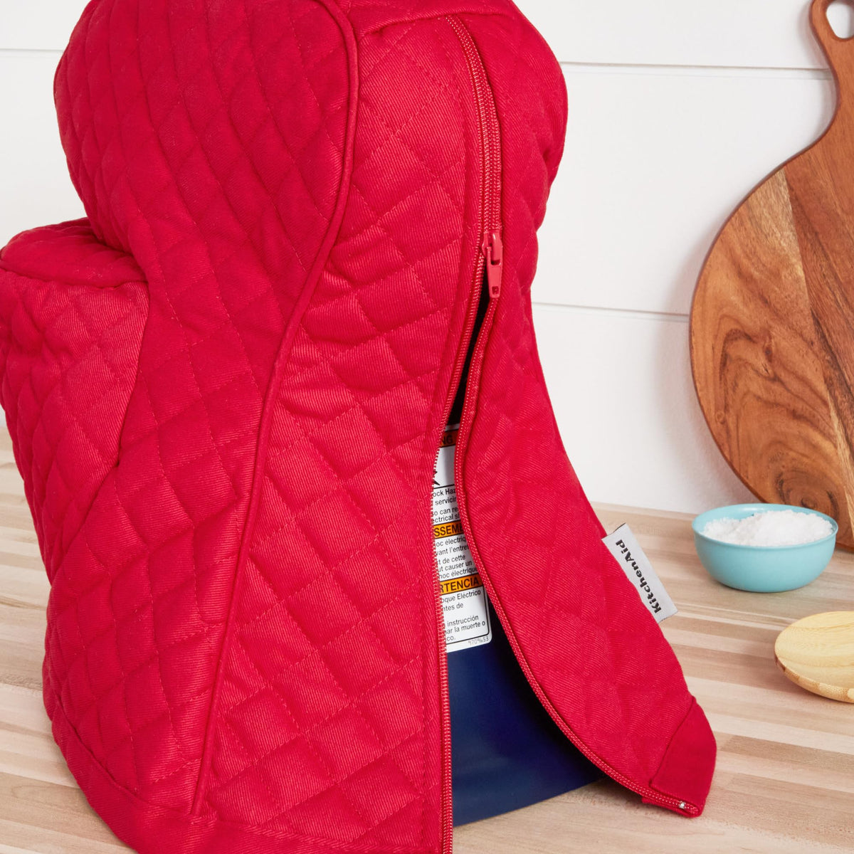 KitchenAid tilt-head mixer cover with zipper back for easy access after cooking.