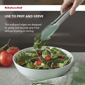KitchenAid silicone tipped tongs in action for easy serving.