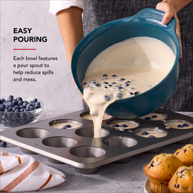 KitchenAid universal bowls featuring pour spout for controlled pouring.