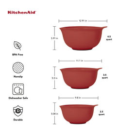 KitchenAid universal mixing bowls Empire Red, 4.5-quart with pour spout for mess-free pouring.