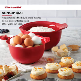 KitchenAid Empire Red mixing bowls with pour spouts for convenient transfers.