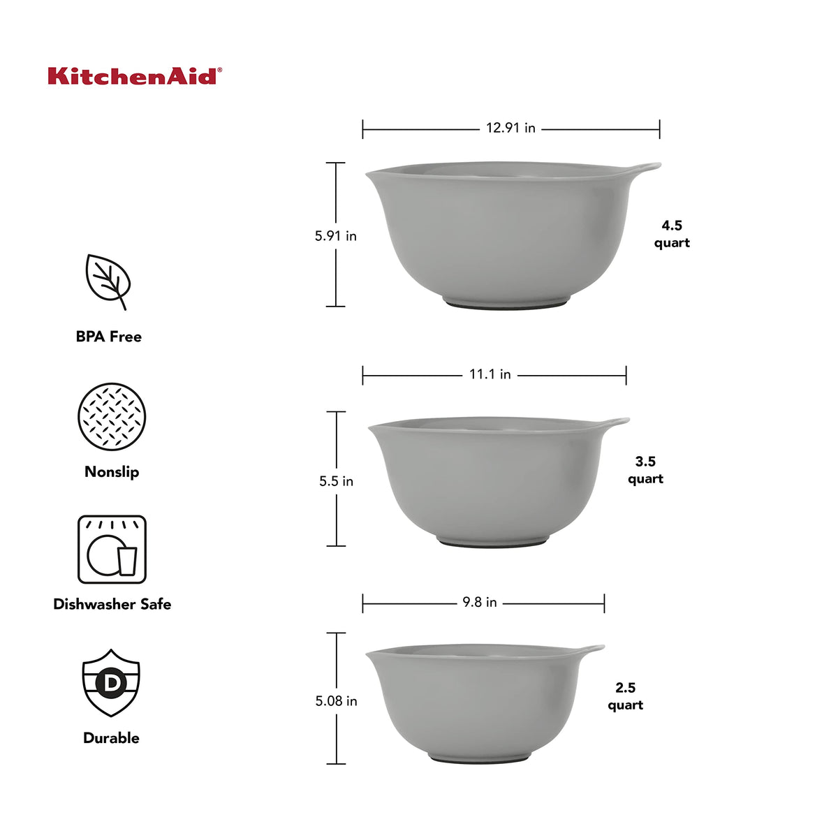 KitchenAid bowls in gray, 4.5-quart, featuring pour spouts to reduce spills