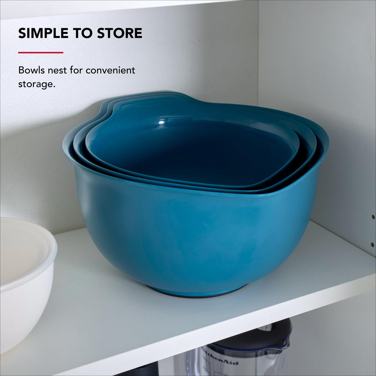KitchenAid universal bowls neatly stored thanks to nesting design.