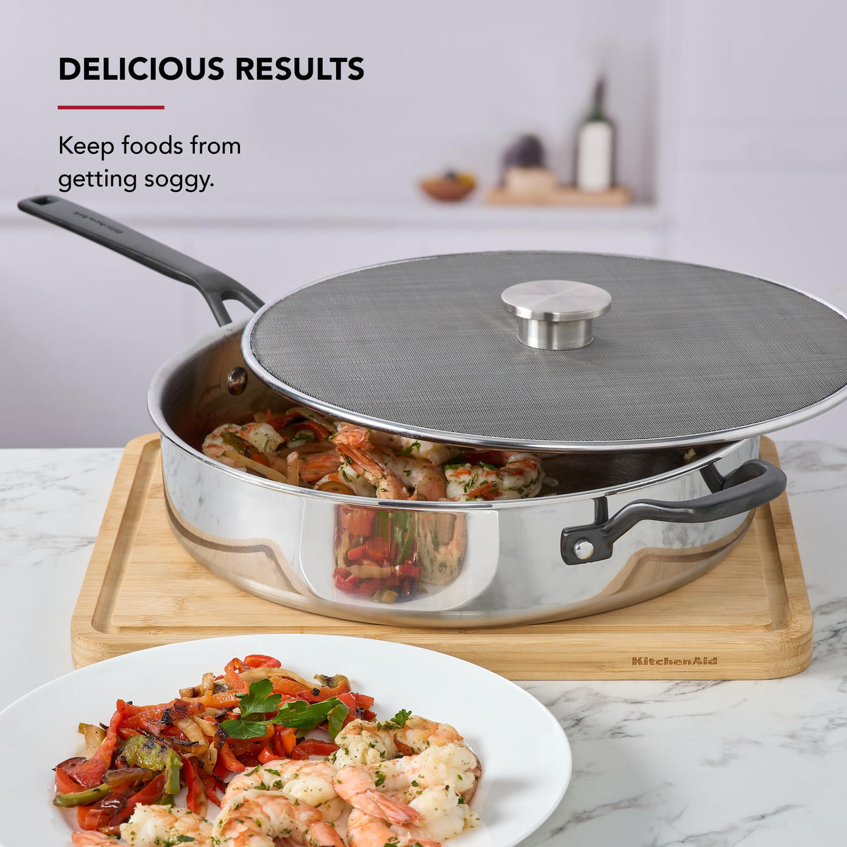 KitchenAid Splatter Screen dishwasher safe for easy cleanup.