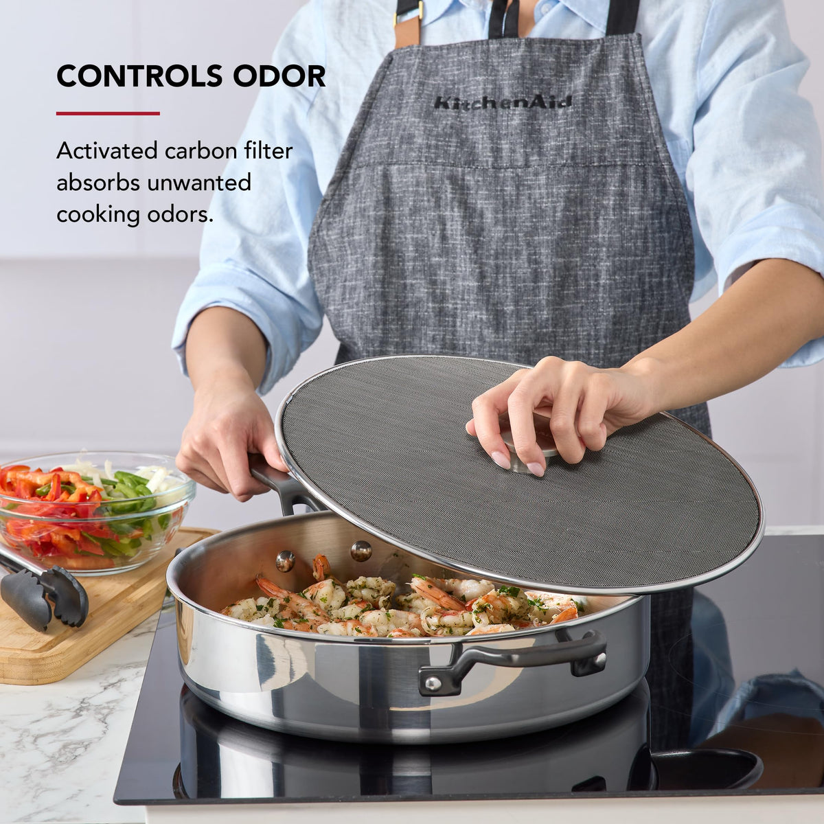 KitchenAid Universal Splatter Screen steam release helps maintain crisp textures by venting steam.