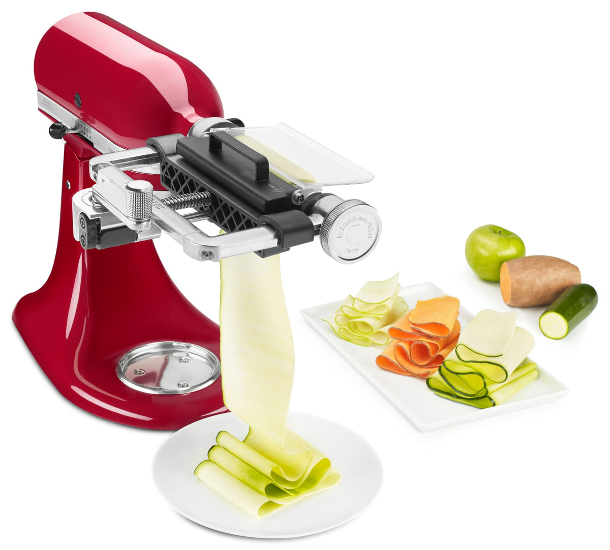 KitchenAid Vegetable Sheet Cutter in action creating thin veggie sheets for wraps and salads