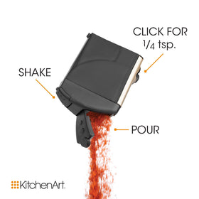 KitchenArt 57010 auto-measure dial demonstrates precise 1/4 tsp portions.