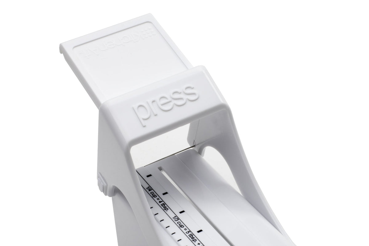 KitchenArt Buttermate east-west sizing scales support both US measures for accuracy.