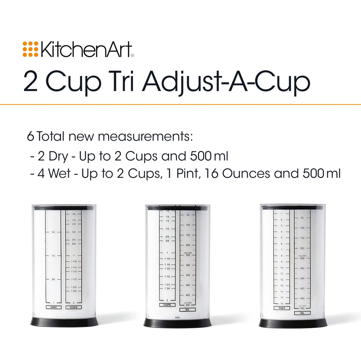 KitchenArt 2-Cup Tri Adjust-A-Cup highlights durable ABS/SAN plastic materials.