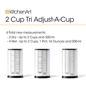 KitchenArt 2-Cup Tri Adjust-A-Cup highlights durable ABS/SAN plastic materials.